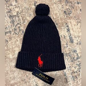 Polo by Ralph Lauren Navy Knit Beanie with Red Logo